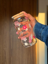 Flower Rainbow Cup  | 16oz Glass Tumbler with Decorative Bamboo Lid & Glass Straw