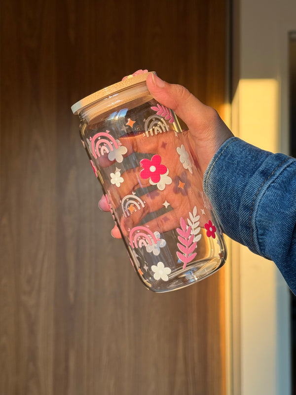 Flower Rainbow Cup  | 16oz Glass Tumbler with Decorative Bamboo Lid & Glass Straw
