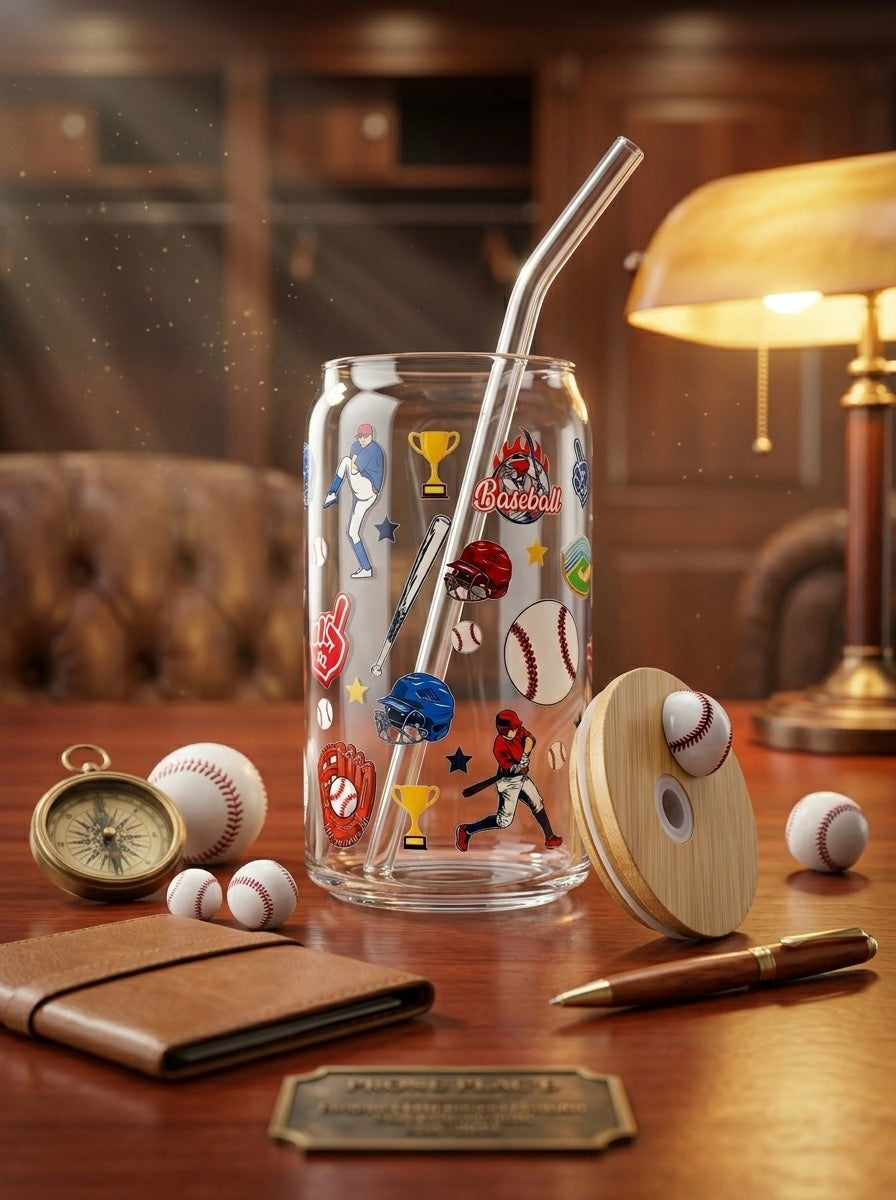 Baseball Tumbler  | 16oz Glass Tumbler with Decorative Bamboo Lid & Glass Straw