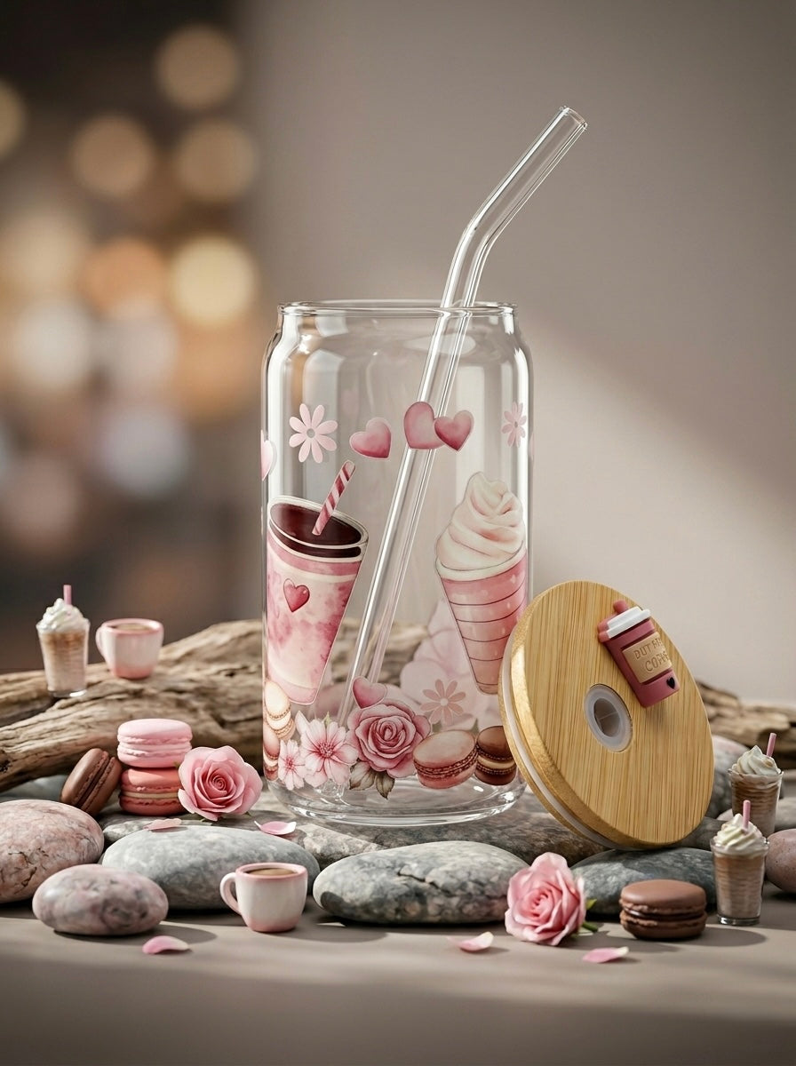 Pink Latte  | 16oz Glass Tumbler with Decorative Bamboo Lid & Glass Straw