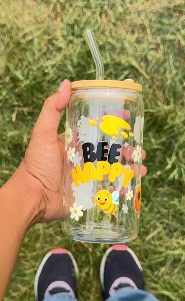 Bee Happy  | 16oz Glass Tumbler with Decorative Bamboo Lid & Glass Straw