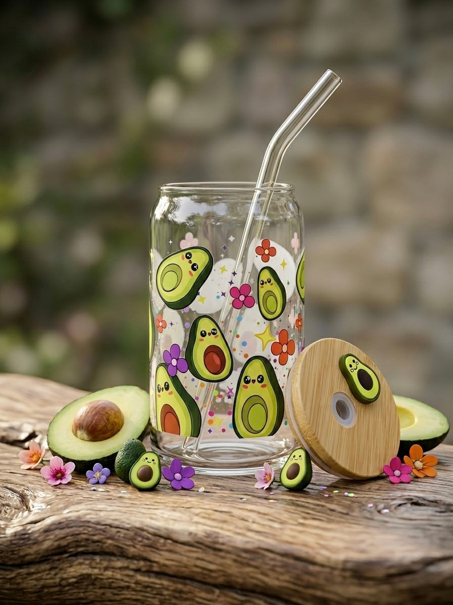 Avocado Avocuddle | 16oz Glass Tumbler with Decorative Bamboo Lid & Glass Straw