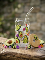 Avocado Avocuddle | 16oz Glass Tumbler with Decorative Bamboo Lid & Glass Straw