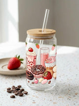 Strawberry Frappe and Dessert | 16oz Glass Tumbler with Decorative Bamboo Lid & Glass Straw
