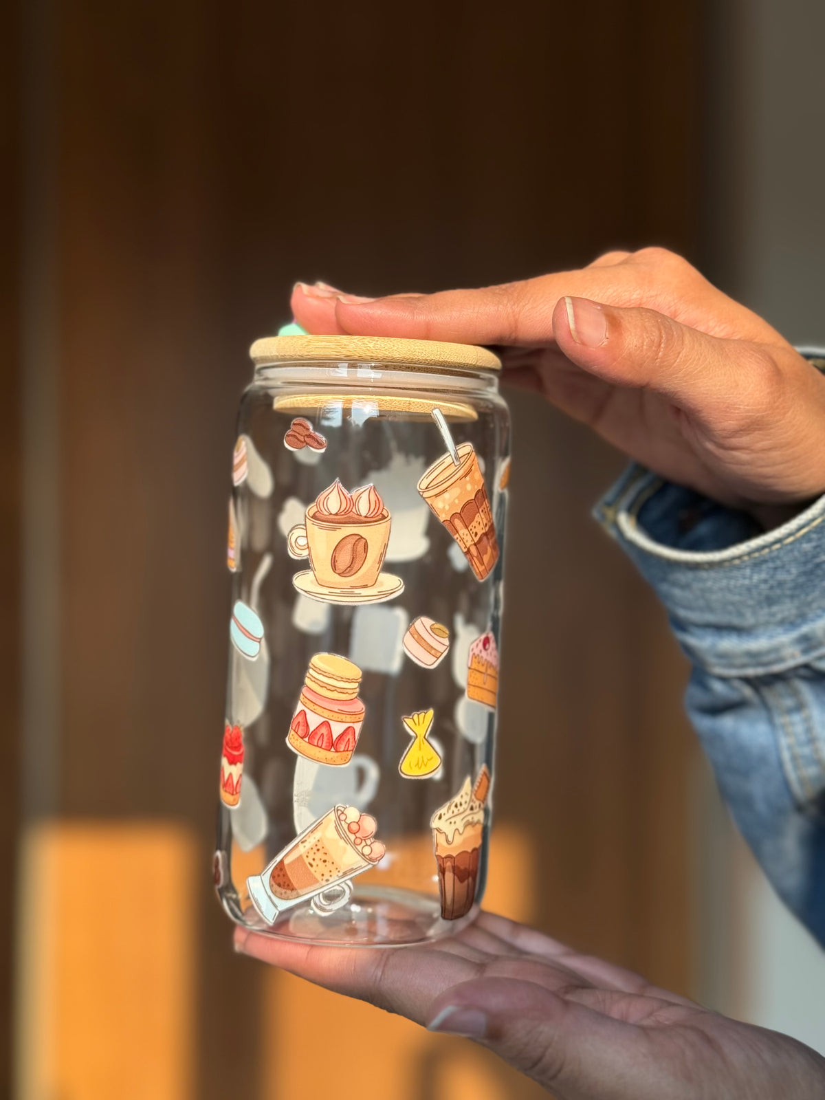 Brunch Bliss  | 16oz Glass Tumbler with Decorative Bamboo Lid & Glass Straw