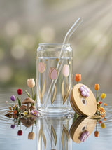 Purple Tulip Tumbler  | 16oz Glass Tumbler with Decorative Bamboo Lid & Glass Straw