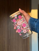 Flower Coffee Cup  | 16oz Glass Tumbler with Decorative Bamboo Lid & Glass Straw