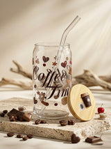Coffee Time  | 16oz Glass Tumbler with Decorative Bamboo Lid & Glass Straw