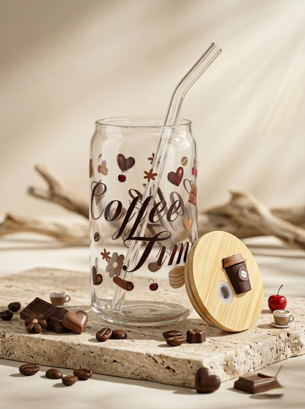 Coffee Time  | 16oz Glass Tumbler with Decorative Bamboo Lid & Glass Straw