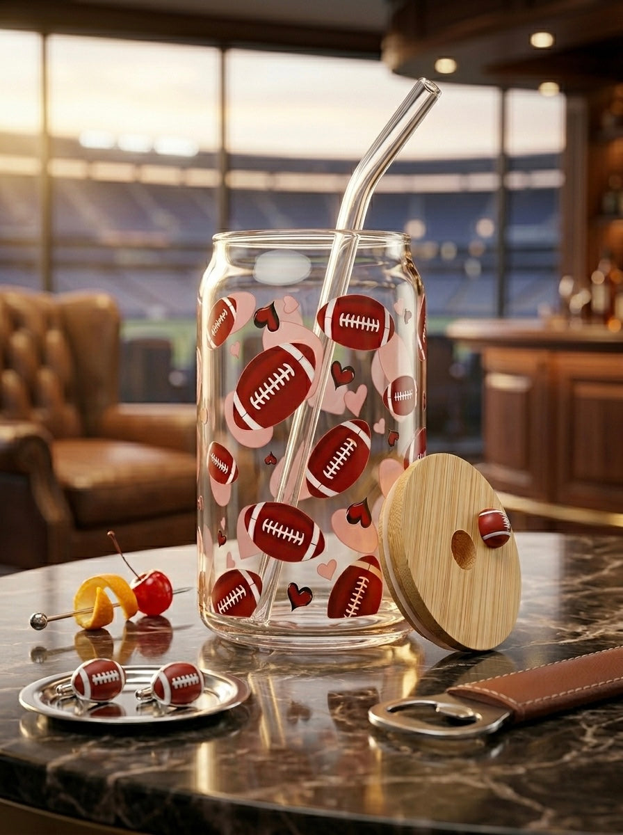 Rugby  | 16oz Glass Tumbler with Decorative Bamboo Lid & Glass Straw