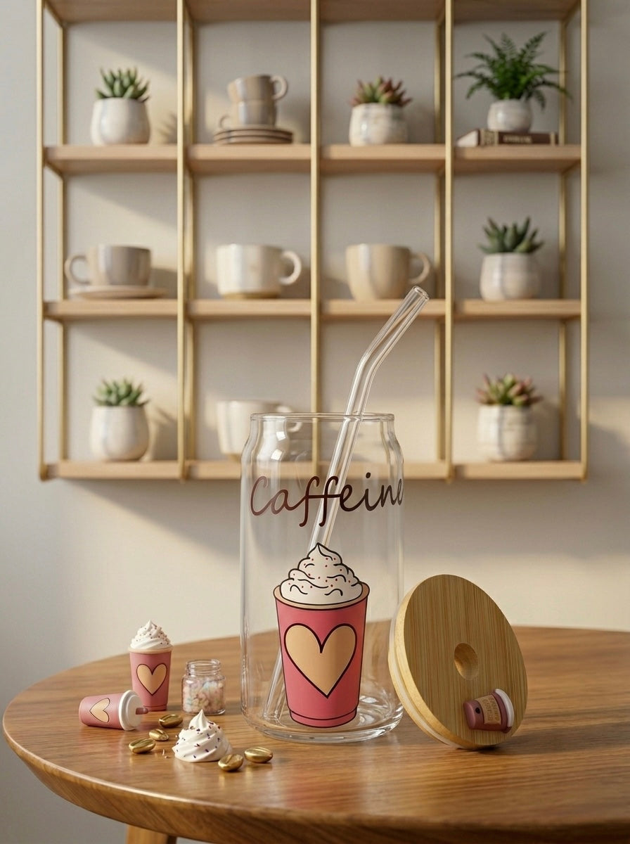 Caffeine Vibes | 16oz Glass Tumbler with Decorative Bamboo Lid & Glass Straw
