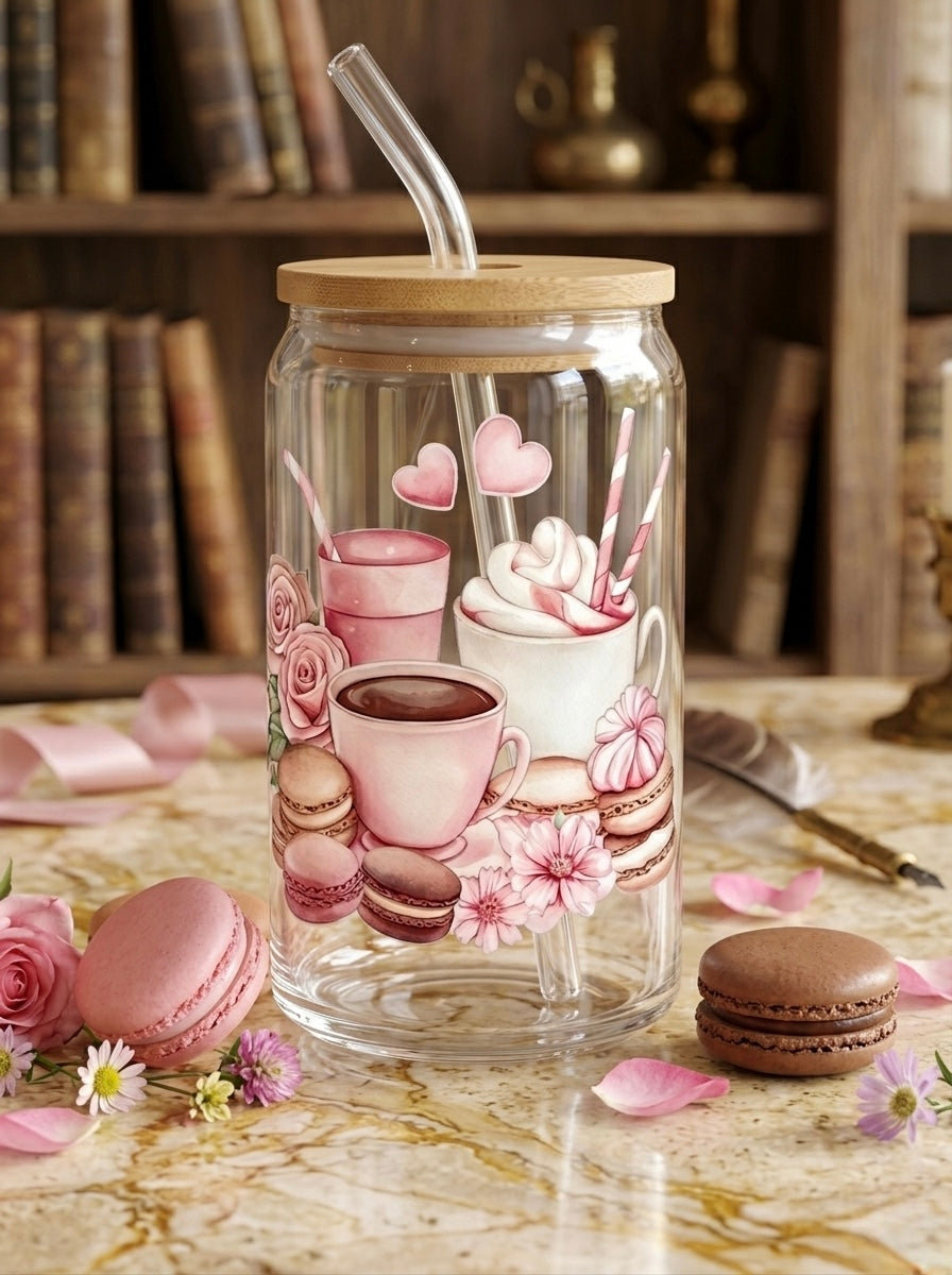 Pink Latte  | 16oz Glass Tumbler with Decorative Bamboo Lid & Glass Straw