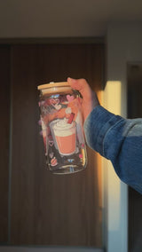 Coffee Frappe Tumbler  | 16oz Glass Tumbler with Decorative Bamboo Lid & Glass Straw