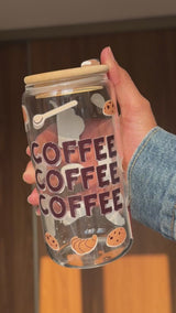 Coffee Coffee Coffee  | 16oz Glass Tumbler with Decorative Bamboo Lid & Glass Straw