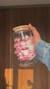 Macaroons and Coffee | 16oz Glass Tumbler with Decorative Bamboo Lid & Glass Straw