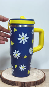 Blue Bloom Tumbler  | 20oz Insulated Stainless Steel Tumbler with Carry Handle & Flip-Up Straw