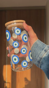 Evil Eye  | 16oz Glass Tumbler with Decorative Bamboo Lid & Glass Straw