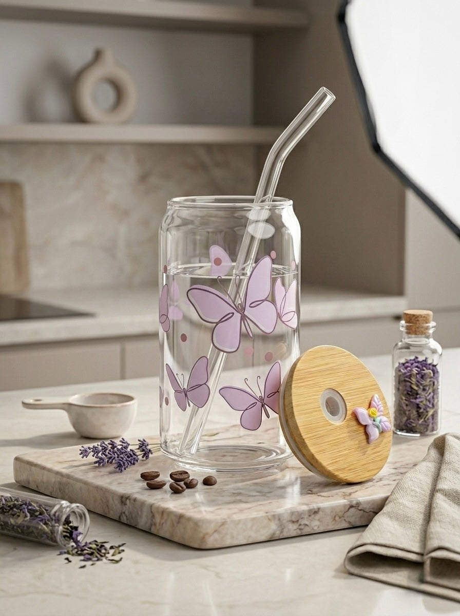 TheNStudio glass tumbler with purple butterfly design, bamboo lid, and glass straw. Perfect for aesthetic enthusiasts.