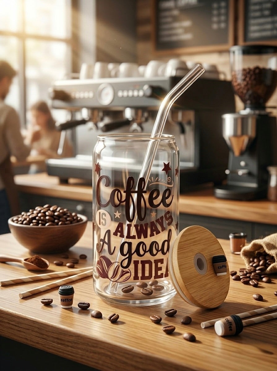 TheNStudio glass tumbler with bamboo lid and straw, featuring "Coffee Is Always A Good Idea" text and coffee bean graphics.