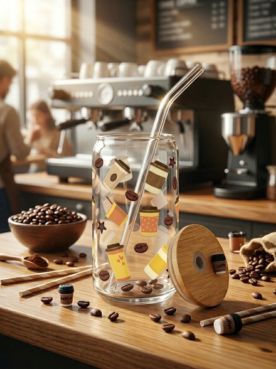 TheNStudio glass tumbler with coffee cup and bean designs, bamboo lid, and glass straw.