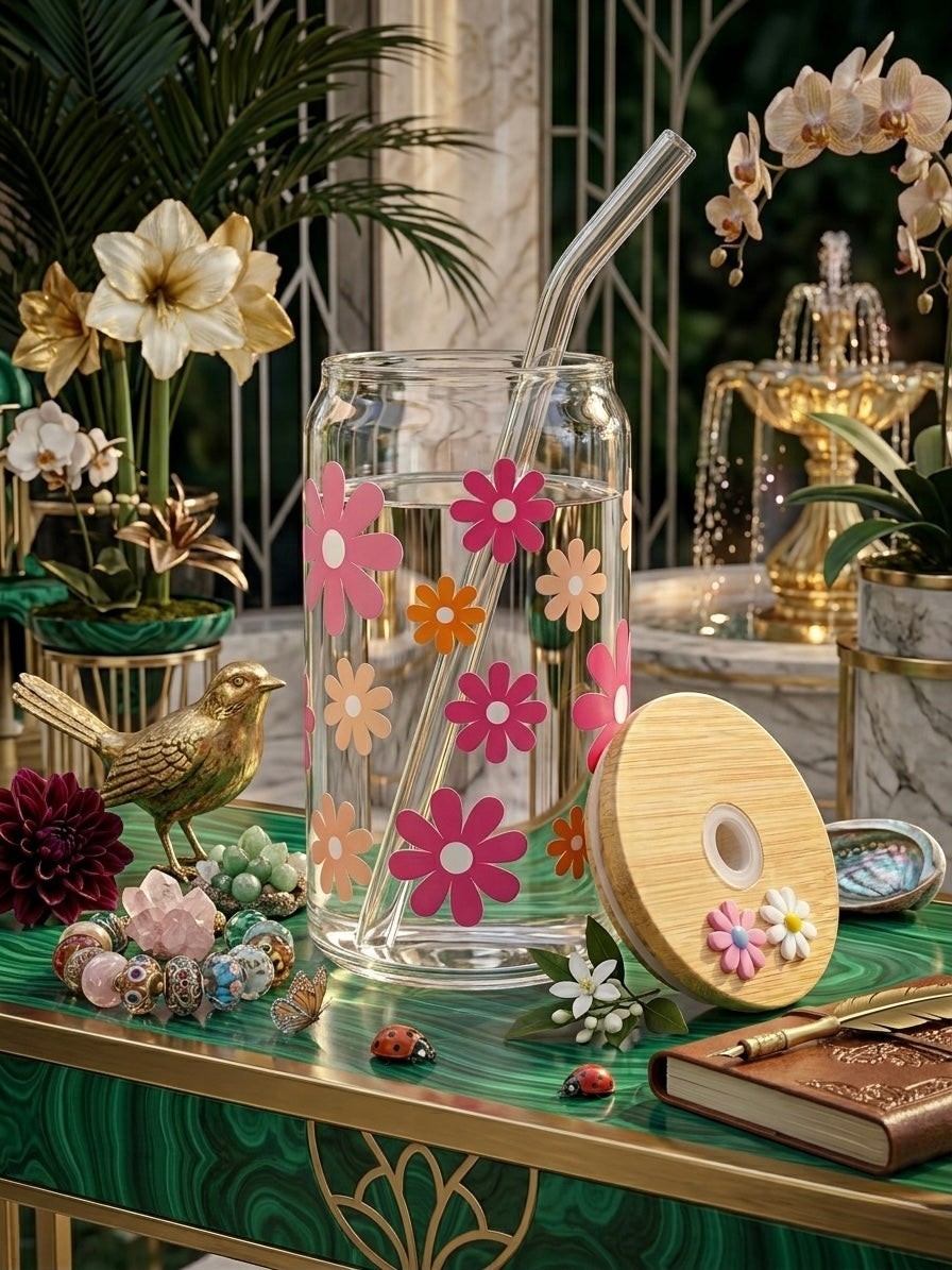 TheNStudio glass tumbler with a bamboo lid, featuring a retro floral daisy print in pink, orange, and white. Includes a glass straw.