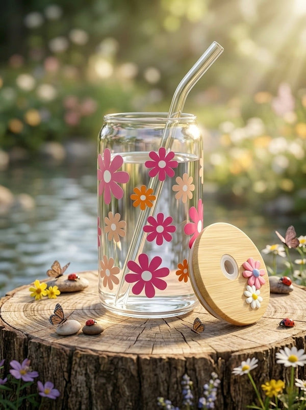TheNStudio retro-chic glass tumbler with pink, orange, and peach daisies and a bamboo lid. Includes glass straw.