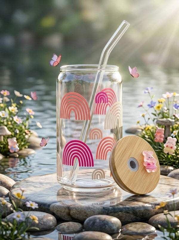 TheNStudio pastel rainbow glass tumbler with bamboo lid and glass straw, featuring a playful rainbow design.