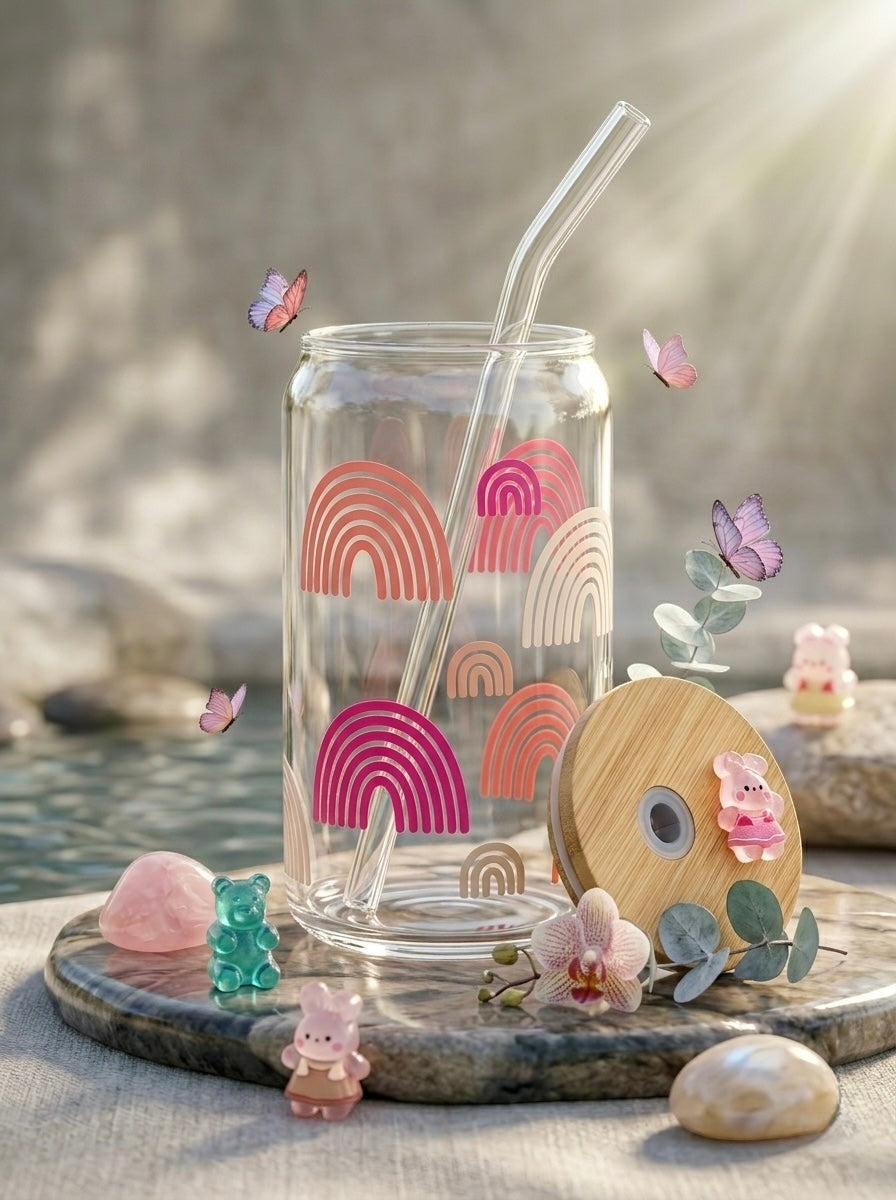 TheNStudio glass tumbler with pastel rainbow design, bamboo lid, and glass straw. Features butterflies and cute charms.