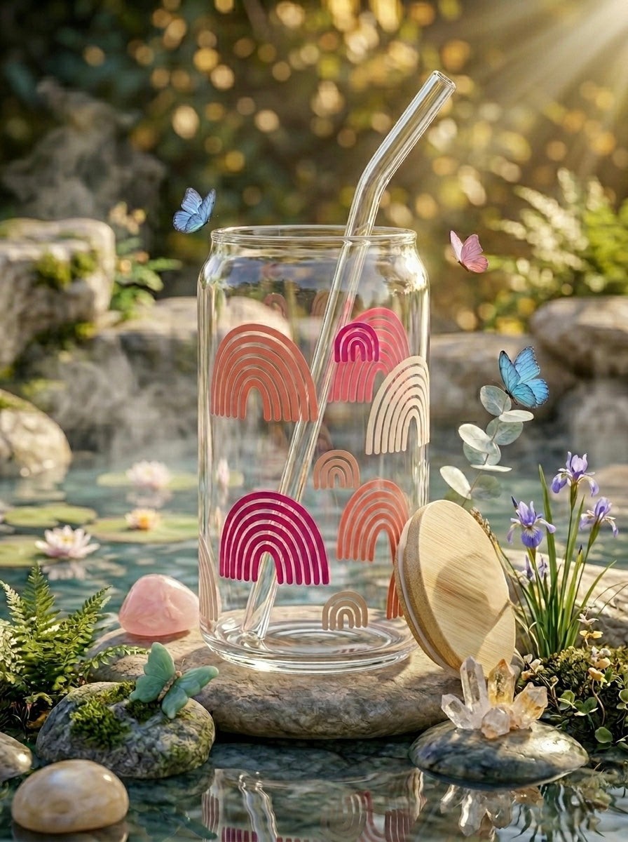 TheNStudio pastel rainbow glass tumbler with bamboo lid and straw, featuring abstract rainbow designs in pink and peach hues.
