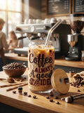 TheNStudio glass tumbler with bamboo lid, featuring 'Coffee Is Always A Good Idea' text and coffee bean graphics. Includes reusable straw and cleaner.